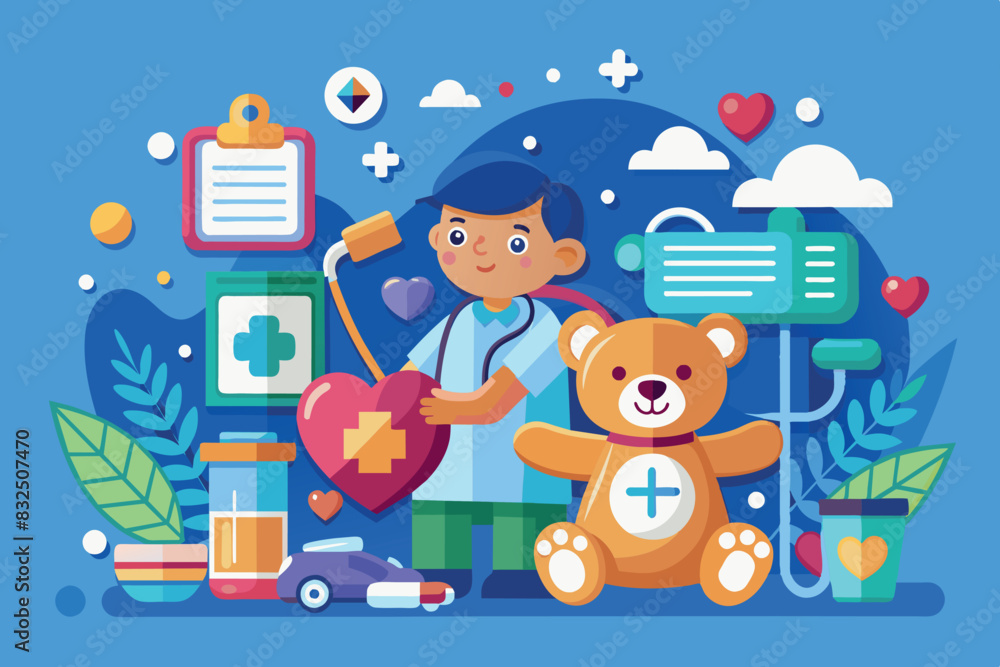 Fototapeta premium The bear cub is dressed in a doctor's coat. He is holding a stethoscope and has a heart on his pocket, which symbolizes care and treatment. Around the bear cub are various medical objects and symbols