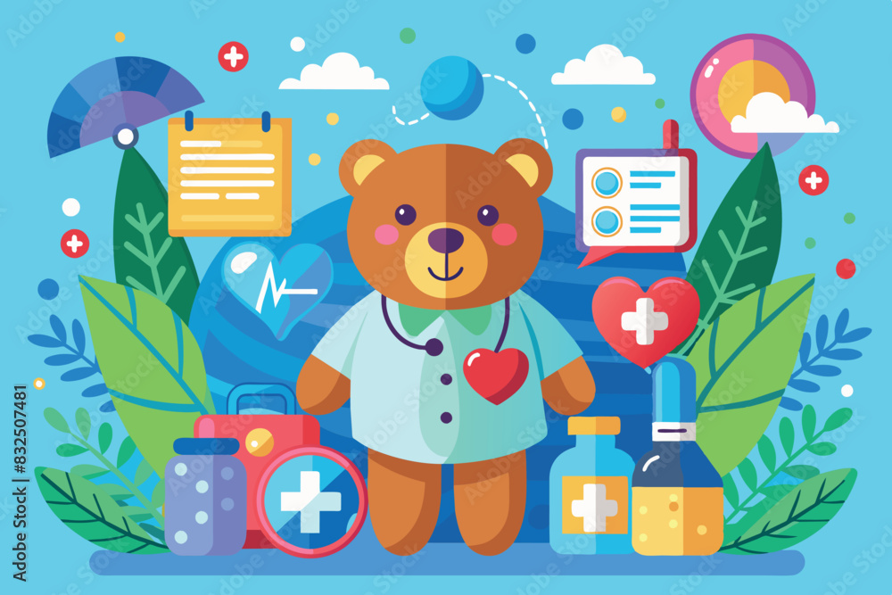 The bear cub is dressed in a doctor's coat. He is holding a stethoscope and has a heart on his pocket, which symbolizes care and treatment. Around the bear cub are various medical objects and symbols The bear cub is dressed in a doctor's coat. He is holding a stethoscope and has a heart on his pocket, which symbolizes care and treatment. Around the bear cub are various medical objects and symbols