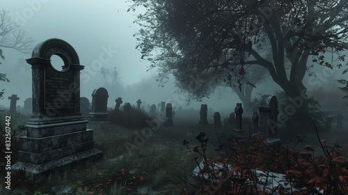 In a dark and mysterious necropolis, fog thickly surrounds the ancient tombstones, giving the whole place a gloomy appearance. photo