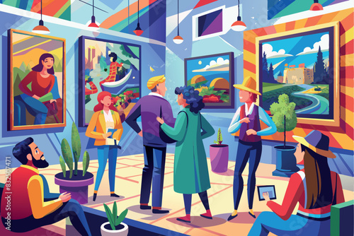 an indoor art gallery. Visitors are looking at the colorful paintings hanging on the walls. People are standing or walking around, scrutinizing the works of art.