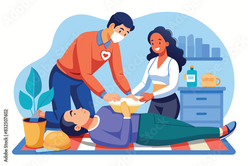 first aid situation. One person is lying on their back with another person kneeling next to them performing artificial respiration and cardiac massage