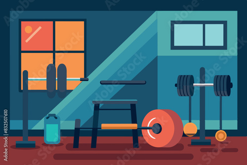 The gym has a variety of machines and equipment including a treadmill, bench press, dumbbells on a rack, kettlebells, punching bag and exercise bike.