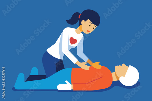 first aid situation. One person is lying on their back with another person kneeling next to them performing artificial respiration and cardiac massage