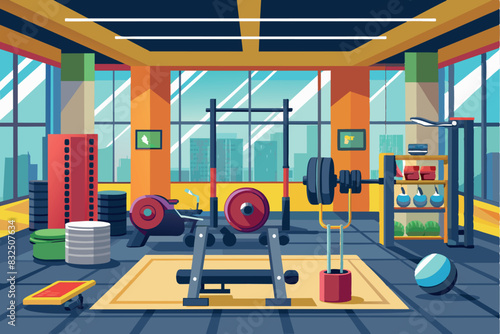 The gym has a variety of machines and equipment including a treadmill, bench press, dumbbells on a rack, kettlebells, punching bag and exercise bike.