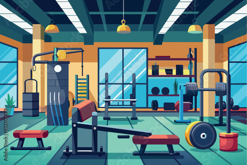 The gym has a variety of machines and equipment including a treadmill, bench press, dumbbells on a rack, kettlebells, punching bag and exercise bike.
