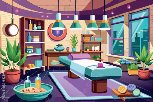 A colorful and well furnished room in the spa. In the center of the room is a massage table. There are green plants around the room, large windows letting in natural light, and there are various items