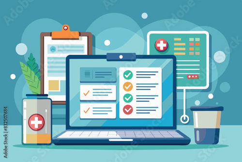 Wallpaper Mural concepts of an online medical or health care service. In the center is a laptop with an open web page displaying a user profile with a check mark indicating an approved or completed medical profile. Torontodigital.ca