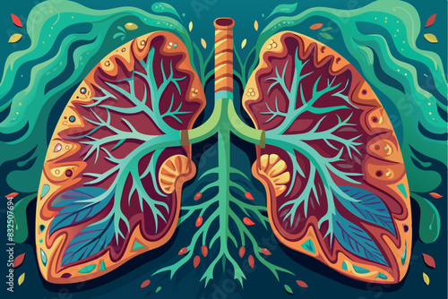 human lungs in stylized form. they are depicted in bright red and orange hues, and the bronchial tree in green.