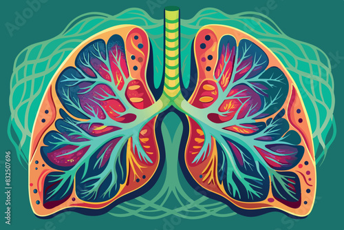 human lungs in stylized form. they are depicted in bright red and orange hues, and the bronchial tree in green.