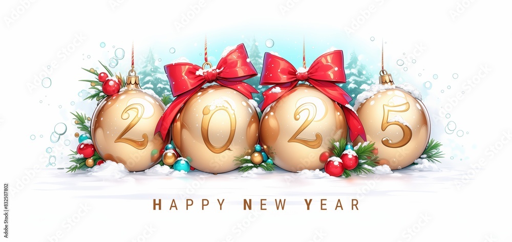 Obraz premium Happy New Year 2025 festive greeting card with golden ornaments and red bows on snow, winter holiday celebration background with Christmas balls and evergreen branches.