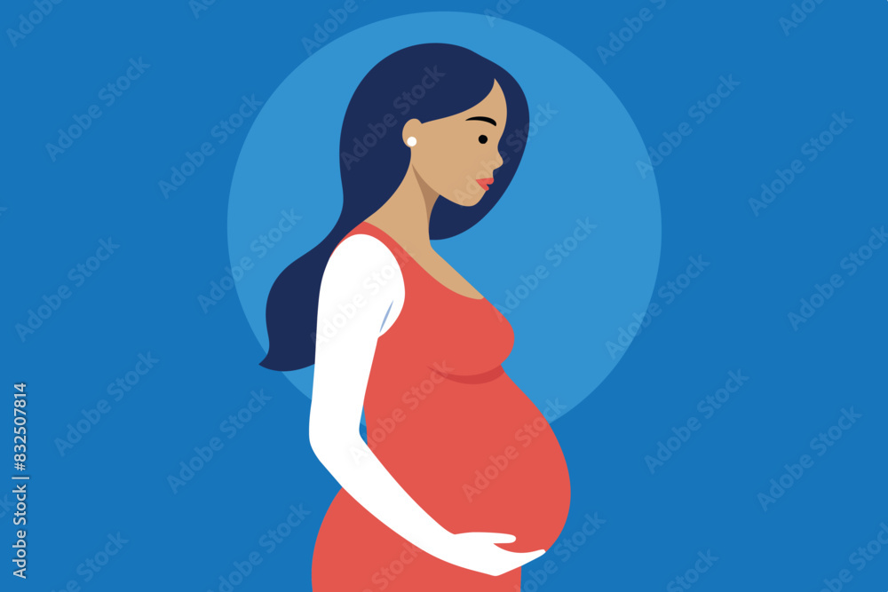 A pregnant woman standing at a window with the curtains open to let the light in. A pregnant woman standing at a window with the curtains open to let the light in.