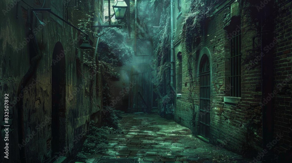 Capture a mystical, hidden alley from a rear view perspective, blending urban decay with surreal elements, utilizing unexpected camera angles in a digital photorealistic style Capture a mystical, hidden alley from a rear view perspective, blending urban decay with surreal elements, utilizing unexpected camera angles in a digital photorealistic style