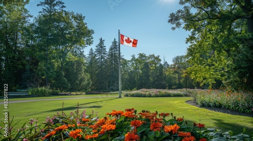 Canadian flag prominently displayed in beautiful park with lush green trees and flowers. Canada Day photo