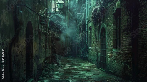 Capture a mystical, hidden alley from a rear view perspective, blending urban decay with surreal elements, utilizing unexpected camera angles in a digital photorealistic style photo