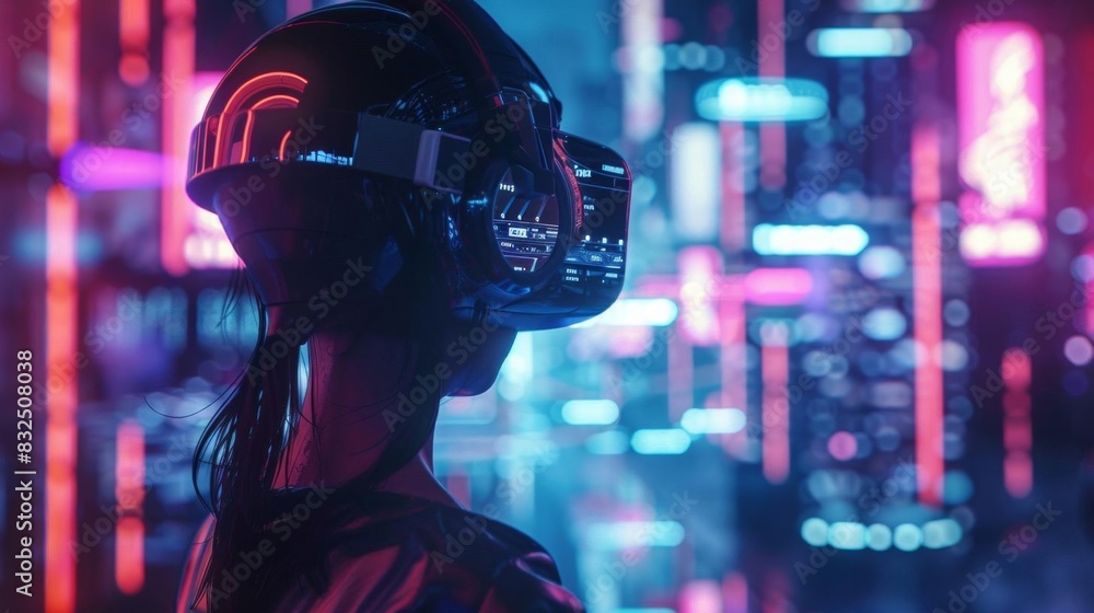 Capture a rear view of a futuristic musician in cyberpunk style