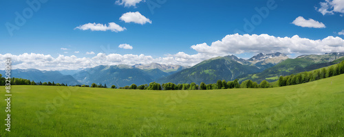 A lush green meadow with rolling hills and a mountain range in the background under a blue sky with white clouds. Perfect for nature-themed websites  travel brochures  or outdoor product promotions.