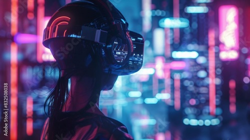 Capture a rear view of a futuristic musician in cyberpunk style, immersed in musical expressions Utilize unexpected camera angles to enhance the edgy vibe photo