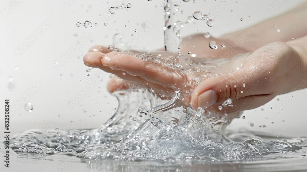 refreshing water pouring on hands morning cleansing ritual white background still life photo refreshing water pouring on hands morning cleansing ritual white background still life photo