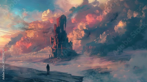 Capture a side view of a mysterious explorer in a surreal landscape, blending dream-like elements, and psychological symbolism photo