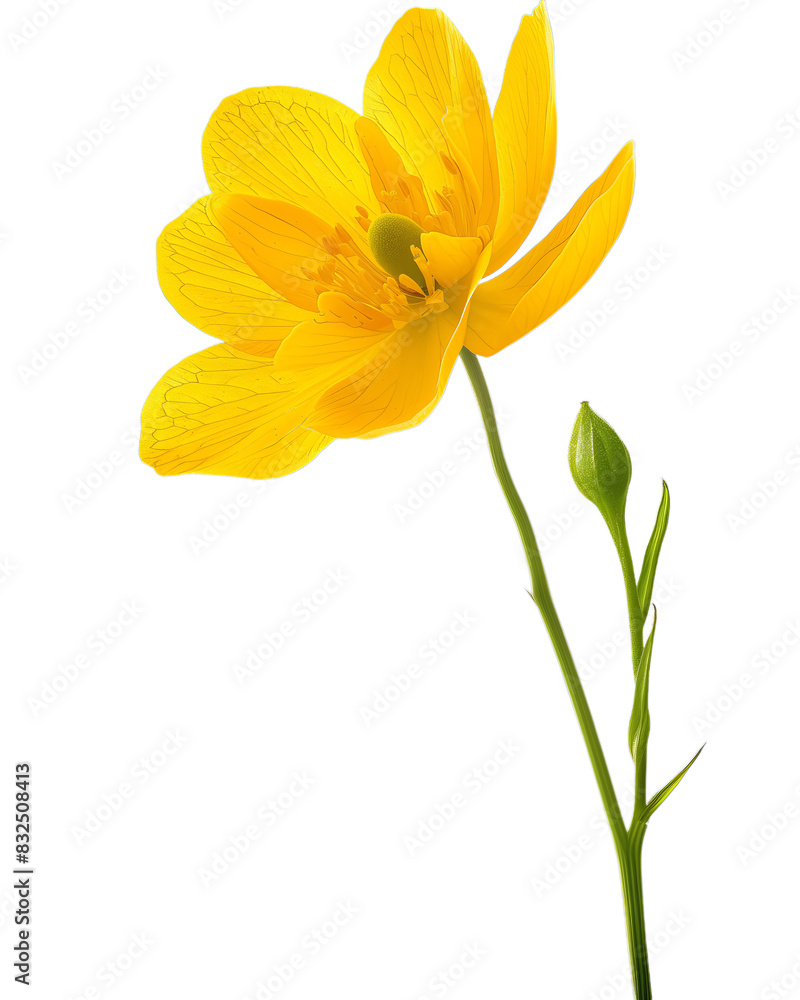 Bright Yellow Flower with Bud and Stem, Isolated on Transparent Background, PNG. Bright Yellow Flower with Bud and Stem, Isolated on Transparent Background, PNG.