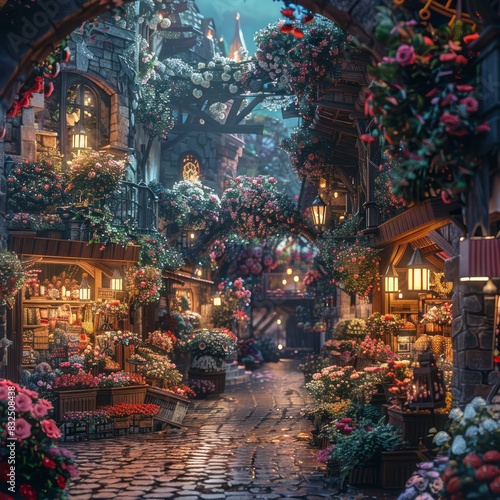 A street scene with a lot of flowers and lights