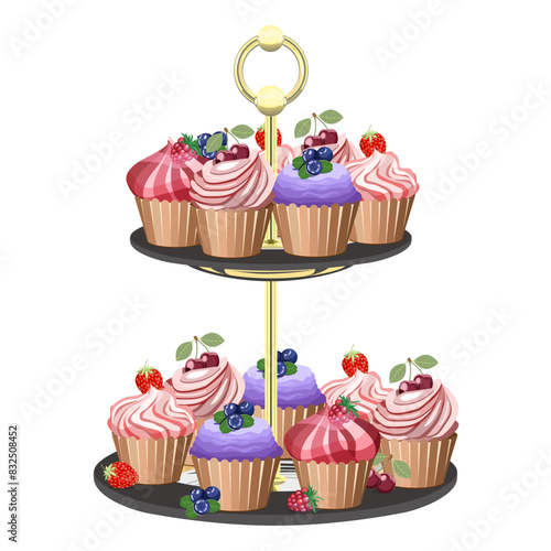 Appetizing berry cakes on a decorative stand for desserts on a white background. Vector composition of desserts for bakeries, restaurants, menus, holiday designs.
