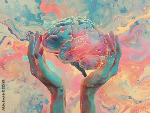 Brain in hands against a pastel background enhanced with digital art elements, styled for technologyfocused stock photo photo