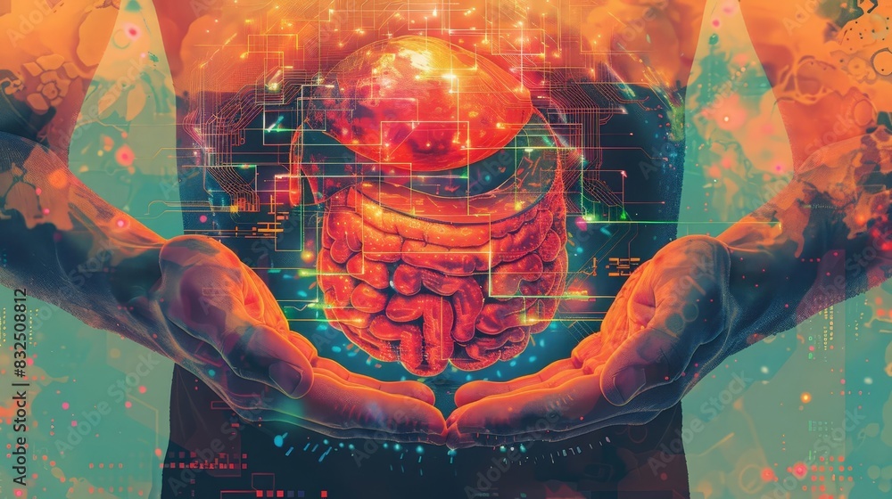 Fototapeta premium Artistic depiction of a human stomach in hands, set against a technologythemed pastel background