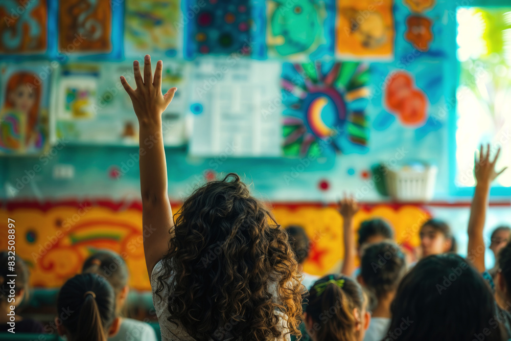 Back view of a child raising hand in a colorful classroom, eager to answer Back view of a child raising hand in a colorful classroom, eager to answer