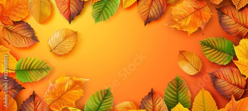 Top view of vibrant autumn leaves on orange background with copious space for text placement photo