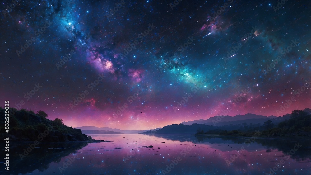 Fototapeta premium A mesmerizing digital anime depicts a shimmering starry skiff gliding through the cosmos, its sleek silhouette outlined against a backdrop of twinkling galaxies.