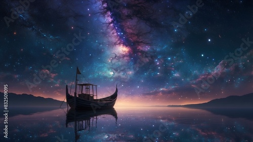 A mesmerizing digital anime depicts a shimmering starry skiff gliding through the cosmos, its sleek silhouette outlined against a backdrop of twinkling galaxies. photo