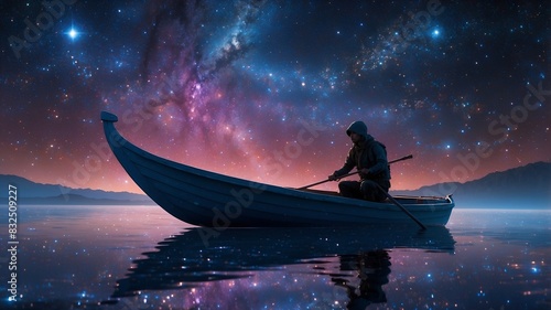 A mesmerizing digital anime depicts a shimmering starry skiff gliding through the cosmos, its sleek silhouette outlined against a backdrop of twinkling galaxies.