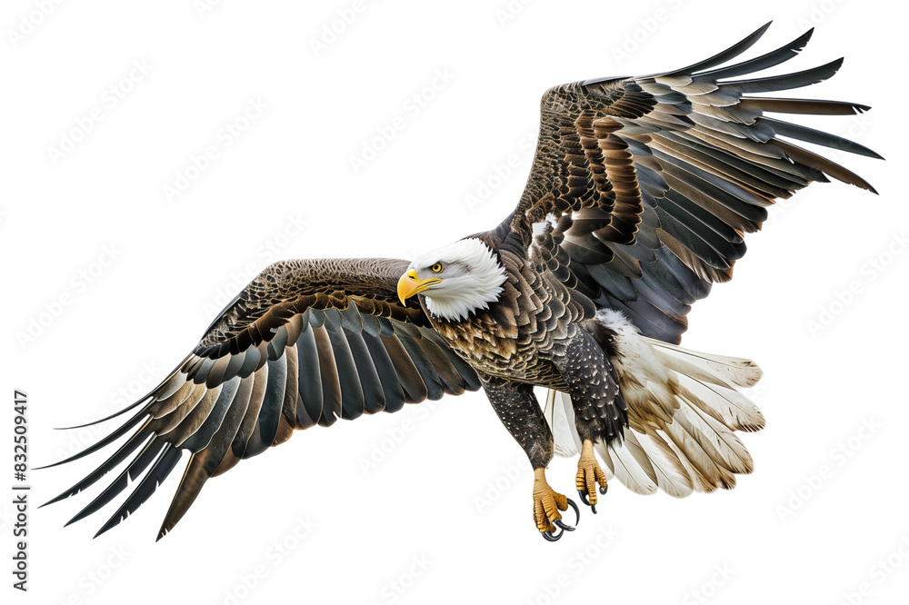 Obraz premium Majestic Bald Eagle in Flight with Wings Spread, isolated on transparent background, PNG.
