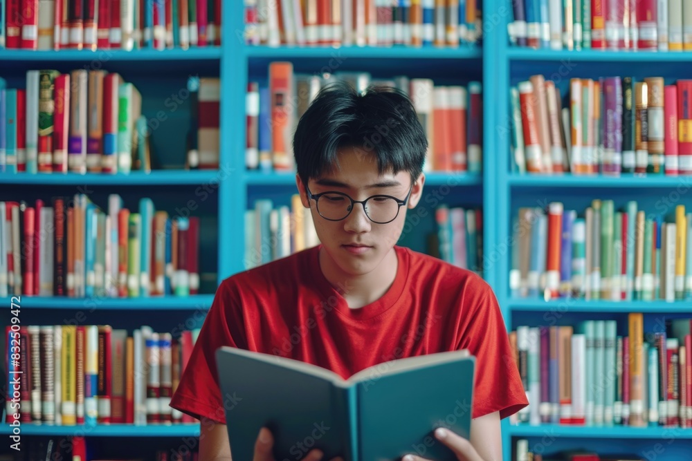 A young man is sitting in a library reading a book A young man is sitting in a library reading a book