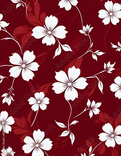 A seamless pattern with white floral elements on a deep red background