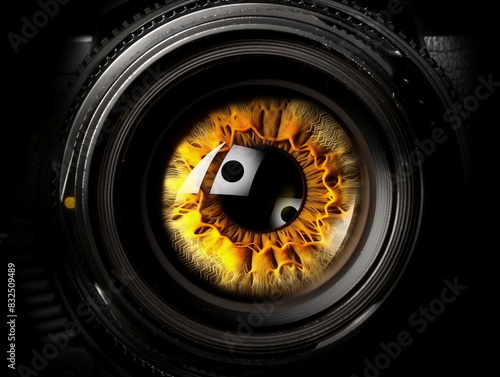 An eye pupil inside camera lens. Surrealistic. Technical vision Or peeping concept