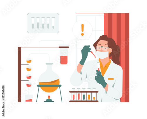 Female scientist in lab coat making tests at flask and microscope, science physics chemistry laboratory professional expertise scientific research concept illustration