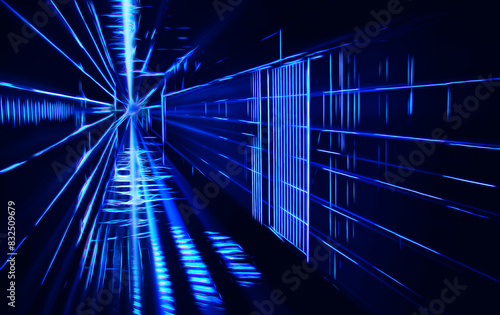 Blue perspective of futuristic glowing corridor illustration © spacedrone808