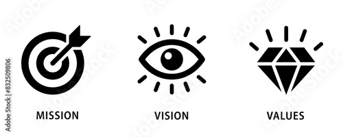 Mission, Vision and Values icon set. company purpose flat icons , diamond, eyesight, target, icon symbol. business creative concept with 3 steps