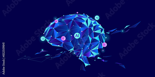 Illustration of Ai brain and face with dot and line. Big data, technology, data transfer, large language model, LLM, NLP, natural language model  chat bot,  generative ai concept
