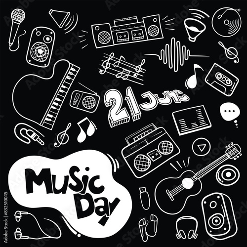 Background template design for World Music Day which is celebrated on June 21 in black background
