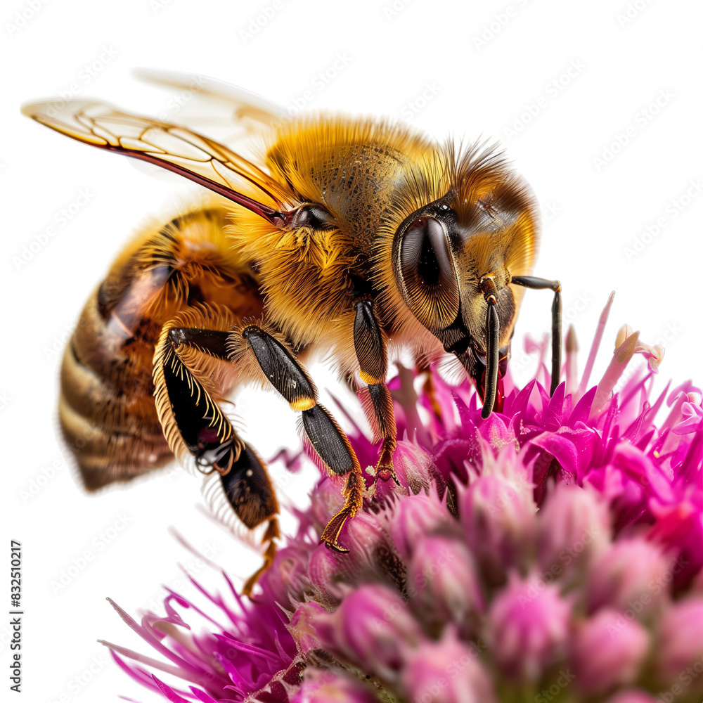 Close-up of a Honey Bee Pollinating a Pink Flower, Isolated on Transparent Background, PNG. Close-up of a Honey Bee Pollinating a Pink Flower, Isolated on Transparent Background, PNG.