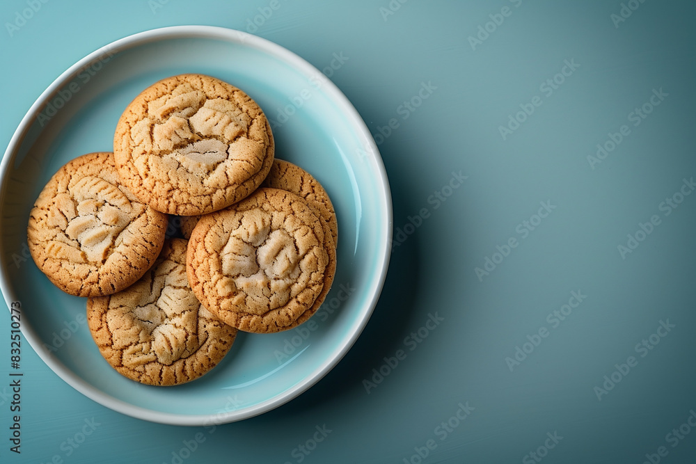 Top View of Cookies in Modern Cyan Plate with Copy Space Top View of Cookies in Modern Cyan Plate with Copy Space