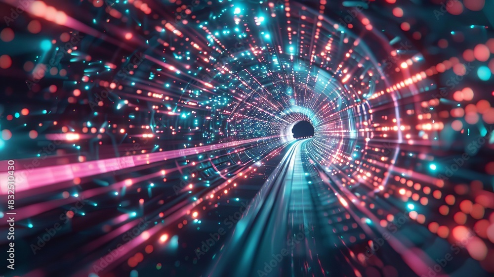 Obraz premium retro neon wormhole tunnel in hyper warp speed abstract cosmic journey through time and space 3d illustration
