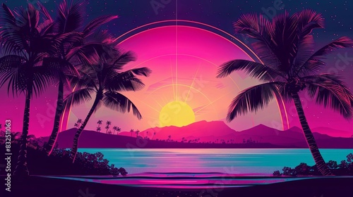 retrostyle neon tropical sunset with palm trees vintage illustration