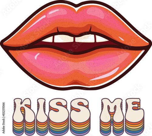 Fashion t shirt print with groovy lips with red lipstick and quote, slogan KISS ME. Kiss woman lips. Trendy typography slogan design Shut up and Kiss me sticker. Vector illustration on white