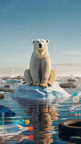 A polar bear sits on an iceberg, which is surrounded by a sea littered with plastic debris, bottles and tires. A social problem, about the destructive impact of human activities on the environment.