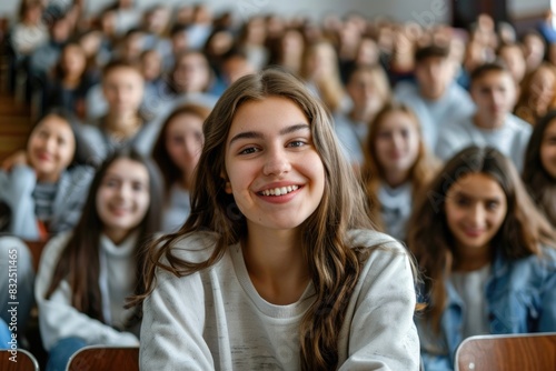 A girl is smiling at the camera in front of a crowd of people