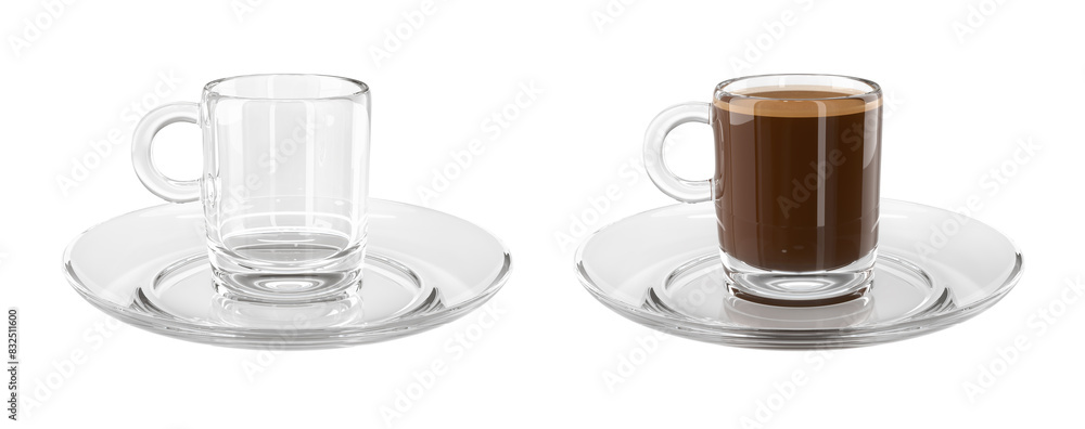 Set of glass espresso cups with saucers. One transparent empty cup and one cup of espresso coffee. 3d illustration isolated on white Set of glass espresso cups with saucers. One transparent empty cup and one cup of espresso coffee. 3d illustration isolated on white